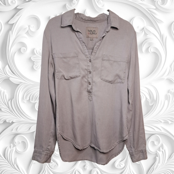 Thread & Supply Henley Collared Long Sleeve Cuffed Grey Shirt - Picture 1 of 4